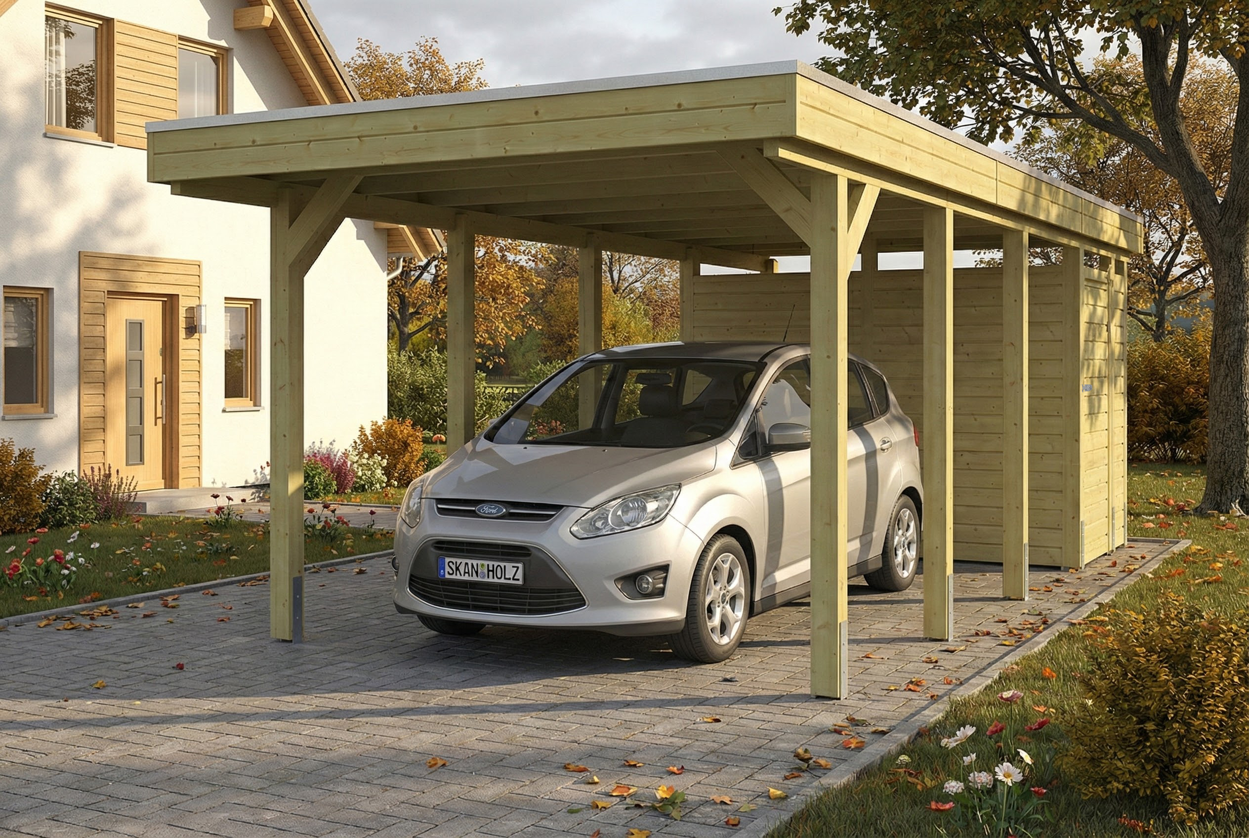 AI generated – Carport Friesland Set B, 320 x 708 cm, mit Abstellraum, grün imprägniert