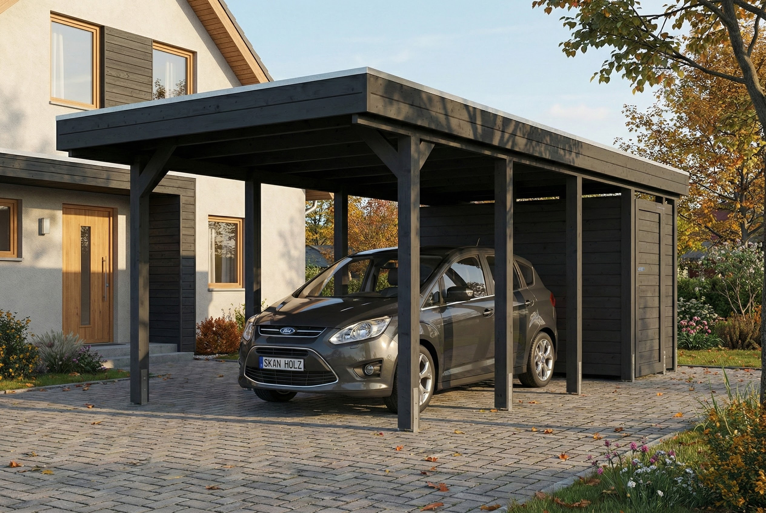 AI generated – Carport Friesland Set B, 320 x 708 cm, mit Abstellraum, anthrazit