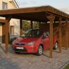 AI generated – Carport Friesland Set B, 320 x 708 cm, mit Abstellraum, nussbaum