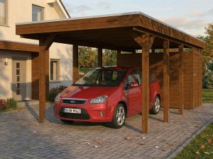 AI generated – Carport Friesland Set B, 320 x 708 cm, mit Abstellraum, nussbaum