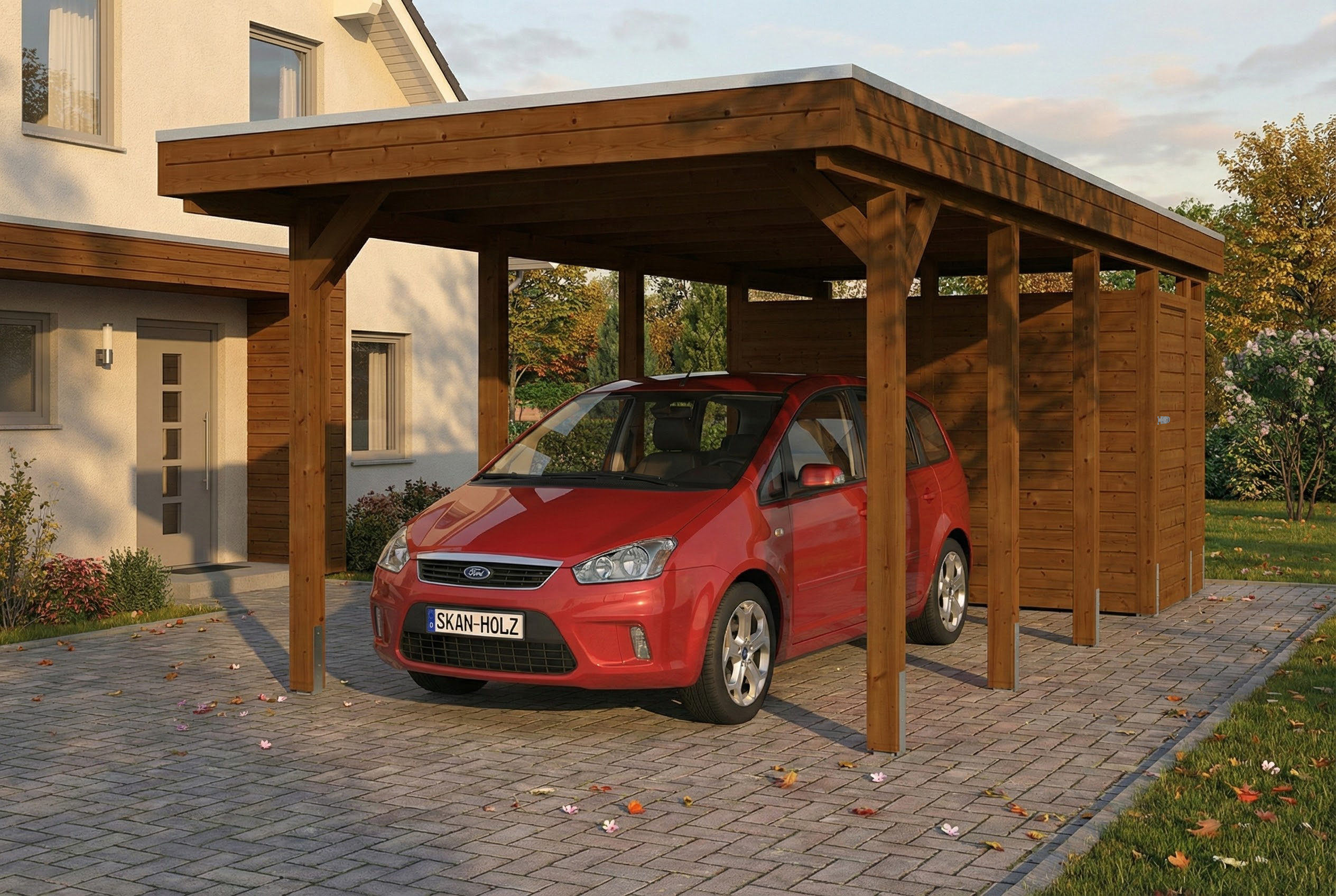 AI generated – Carport Friesland Set B, 320 x 708 cm, mit Abstellraum, nussbaum
