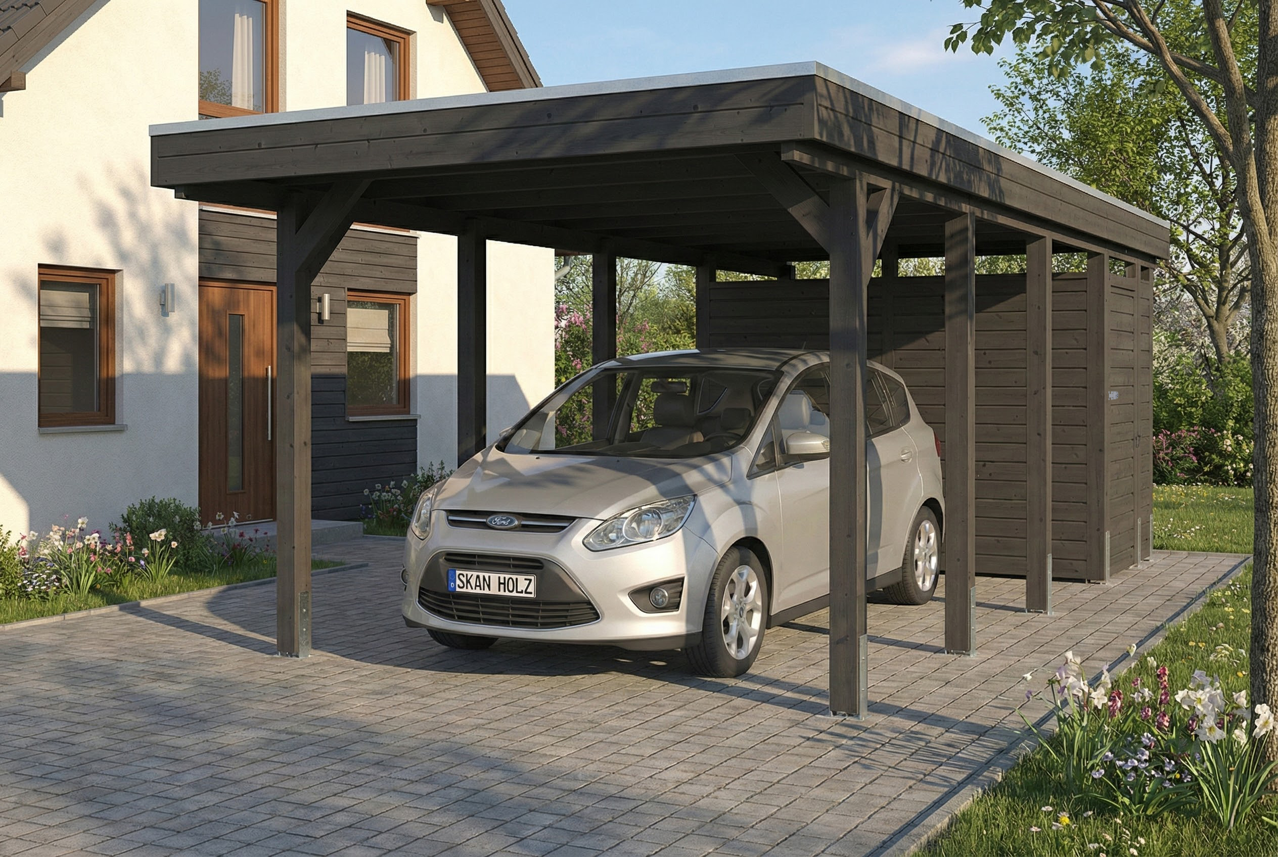 AI generated – Carport Friesland Set B, 320 x 708 cm, mit Abstellraum, schiefergrau