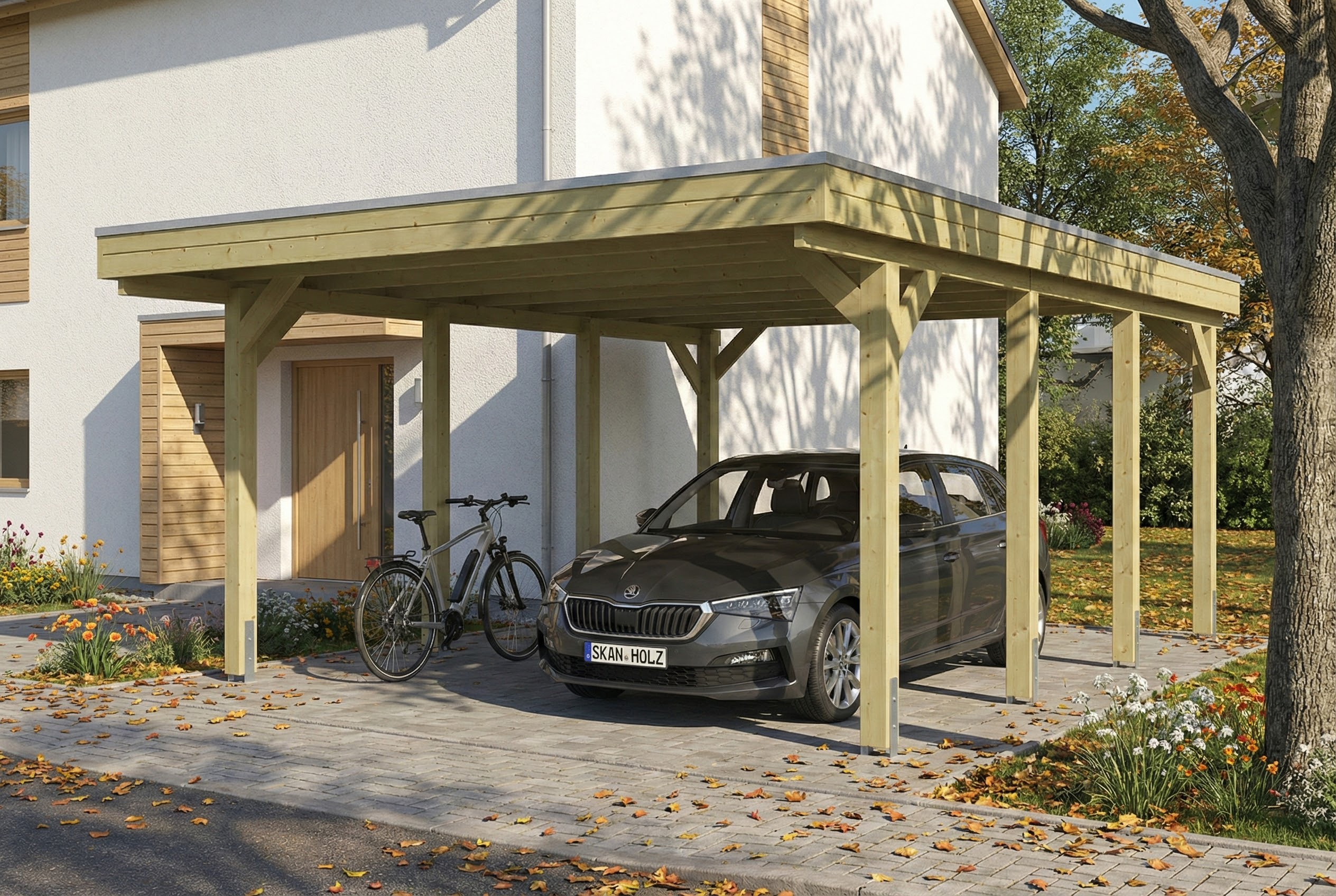 AI generated – Carport Friesland 402 x 555 cm, mit Stahl-Dachplatten, grün imprägniert