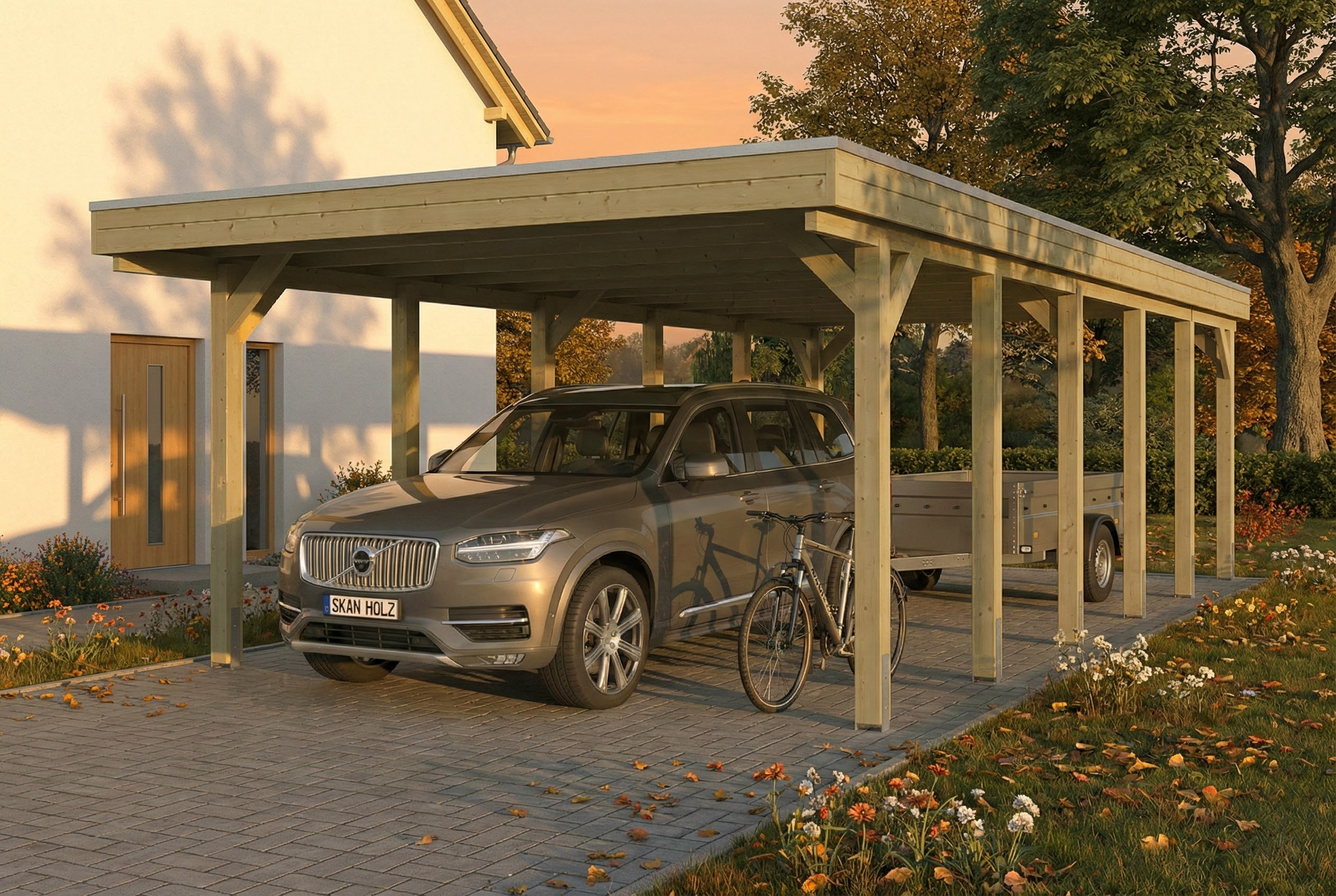 AI generated – Carport Friesland 402 x 860 cm, mit Stahl-Dachplatten, grün imprägniert