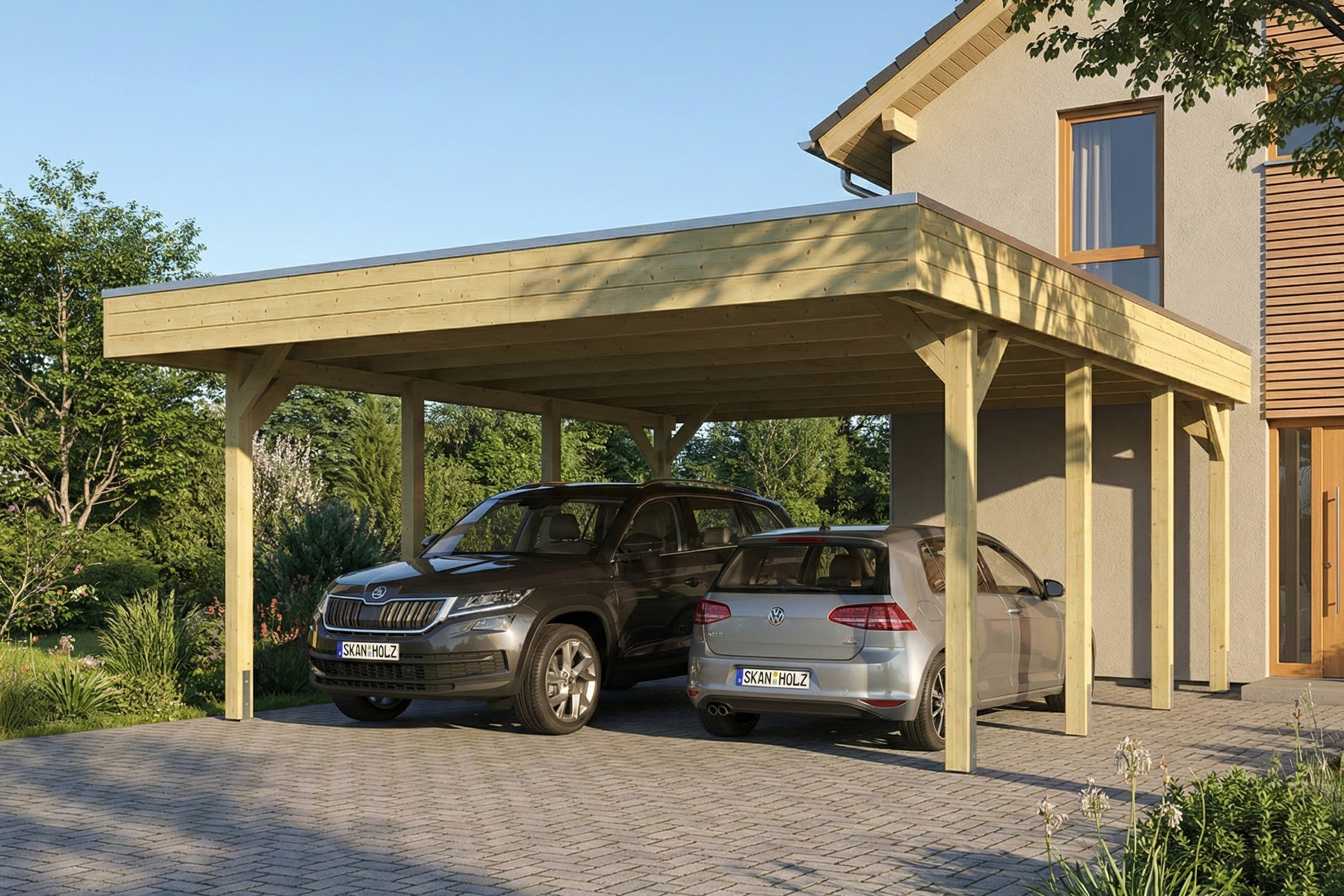 AI generated – Carport Friesland 546 x 555 cm, mit Stahl-Dachplatten, grün imprägniert