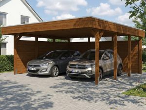 AI generated – Carport Friesland Set C, 546 x 555 cm, mit Seiten- und Rückwand, nussbaum