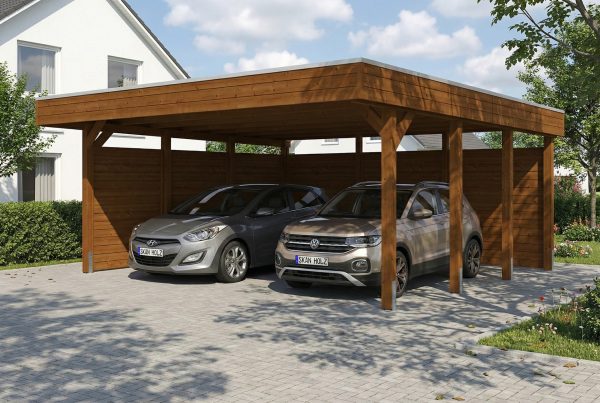 AI generated – Carport Friesland Set C, 546 x 555 cm, mit Seiten- und Rückwand, nussbaum