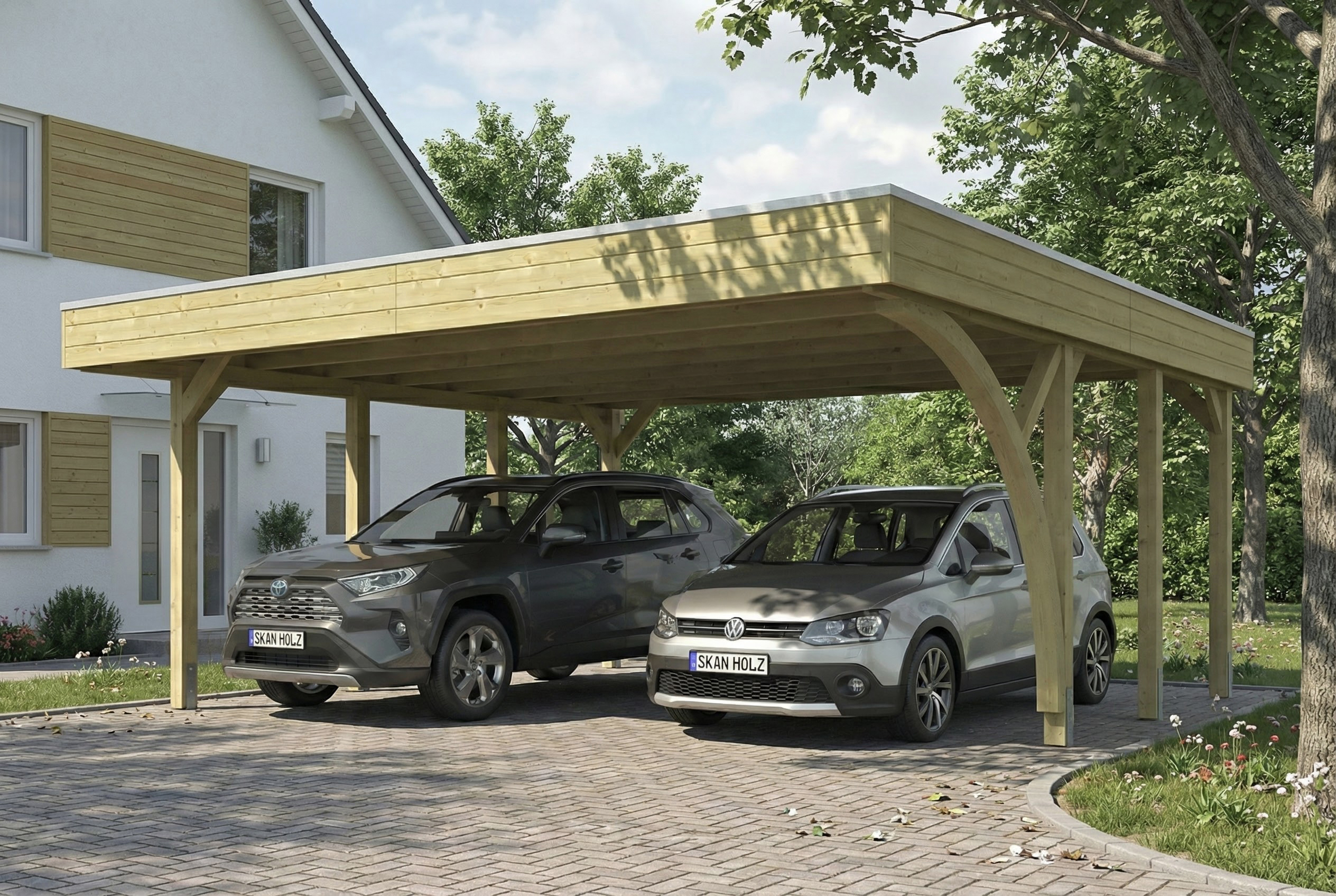 Carport Friesland Set G, 546 x 555 cm, mit einem Einfahrtsbogen, grün imprägniert AI generated – Carport Friesland Set G, 546 x 555 cm, mit einem Einfahrtsbogen, grün imprägniert