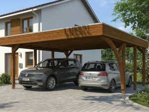 AI generated – Carport Friesland Set G, 546 x 555 cm, mit einem Einfahrtsbogen, nussbaum