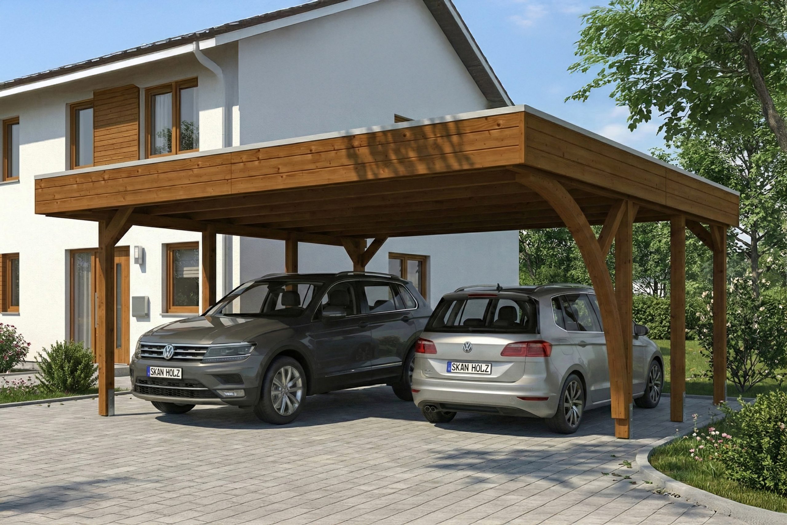 Carport Friesland Set G, 546 x 555 cm, mit einem Einfahrtsbogen, nussbaum AI generated – Carport Friesland Set G, 546 x 555 cm, mit einem Einfahrtsbogen, nussbaum
