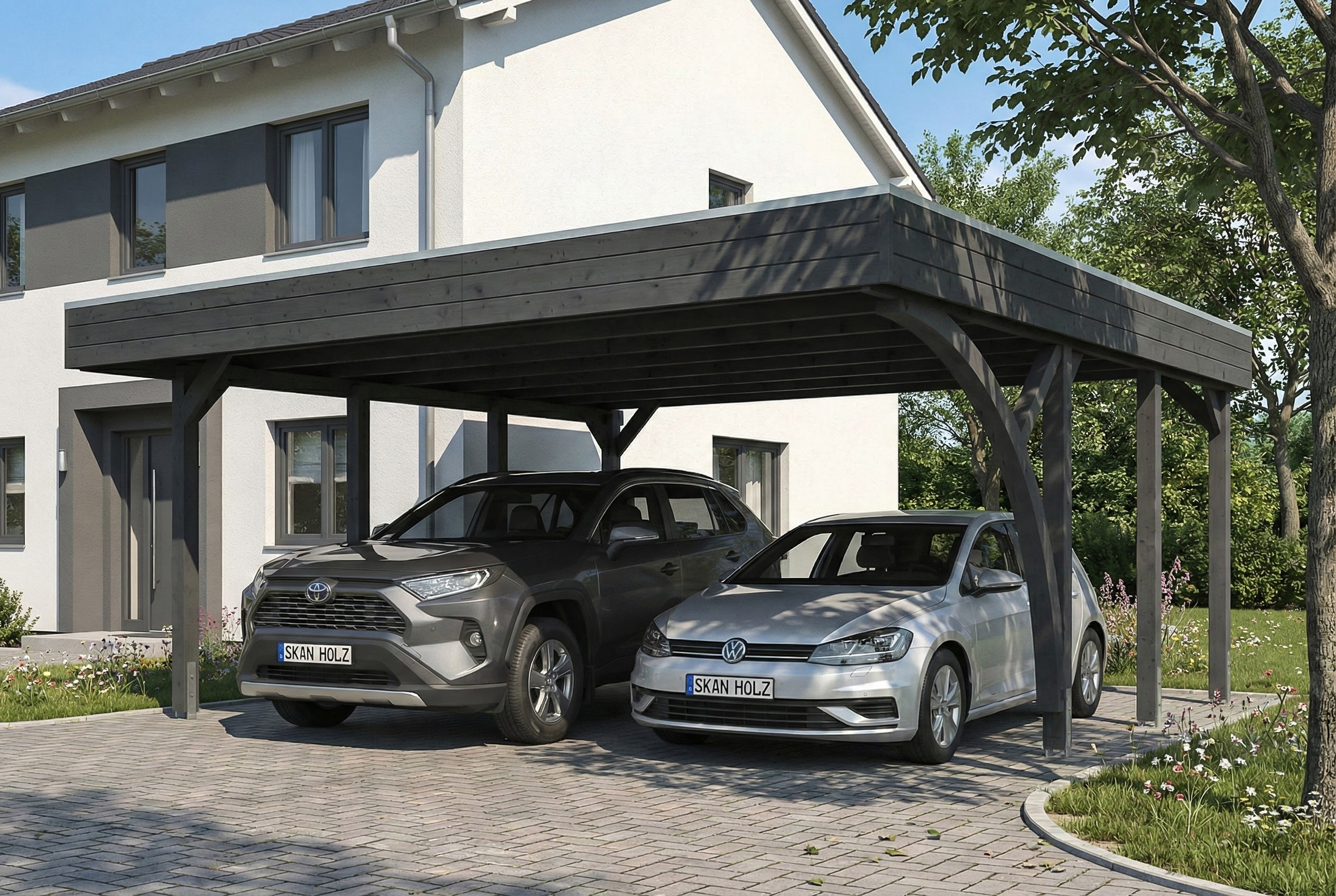Carport Friesland Set G, 546 x 555 cm, mit einem Einfahrtsbogen, schiefergrau AI generated – Carport Friesland Set G, 546 x 555 cm, mit einem Einfahrtsbogen, schiefergrau