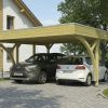 AI generated – Carport Friesland Set H, 546 x 555 cm, mit zwei Einfahrtsbögen, grün imprägniert