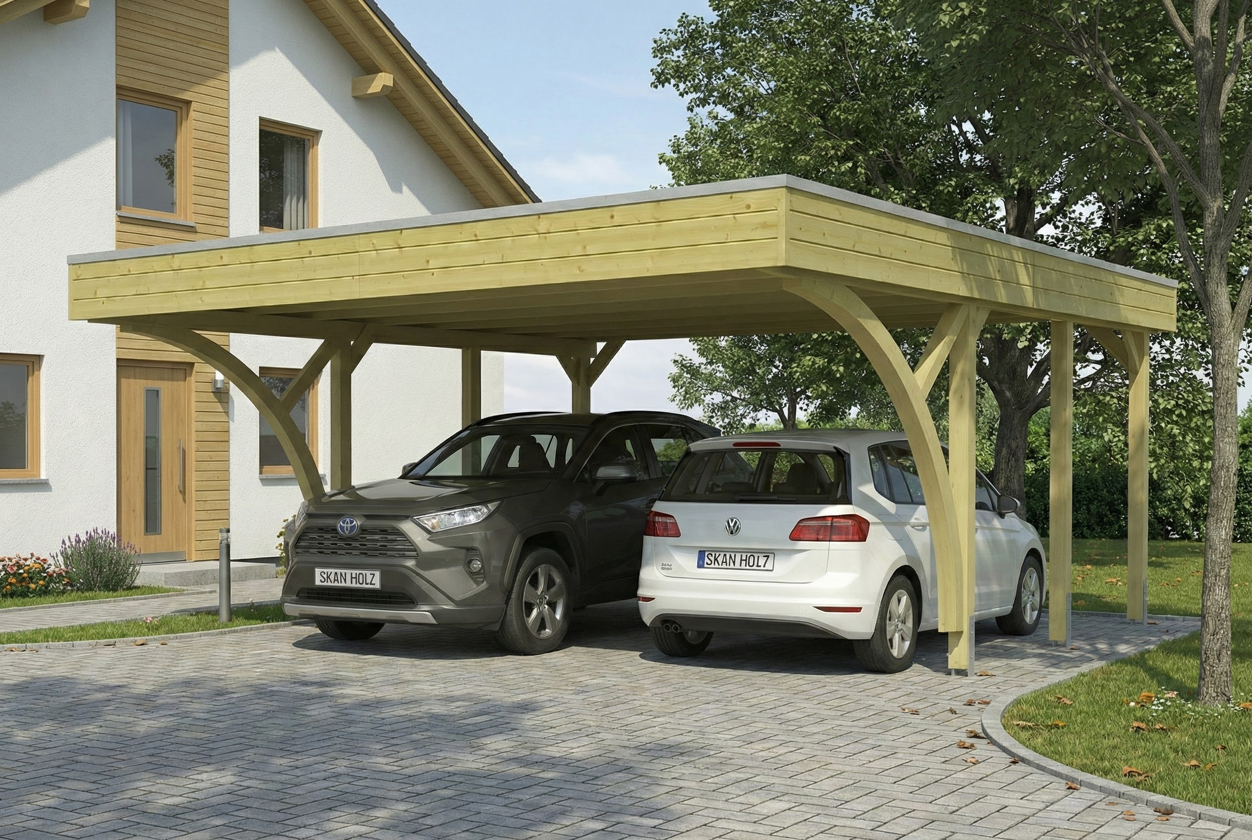 AI generated – Carport Friesland Set H, 546 x 555 cm, mit zwei Einfahrtsbögen, grün imprägniert