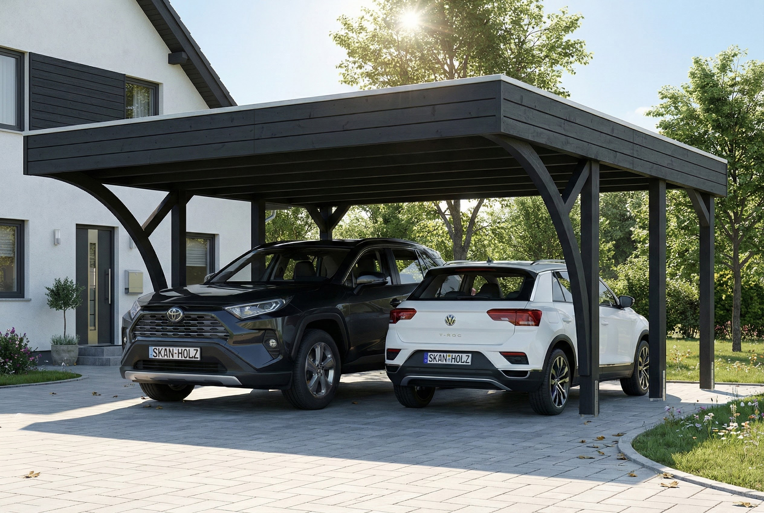 AI generated – Carport Friesland Set H, 546 x 555 cm, mit zwei Einfahrtsbögen, anthrazit