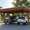 AI generated – Carport Friesland Set H, 546 x 555 cm, mit zwei Einfahrtsbögen, nussbaum