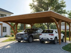 AI generated – Carport Friesland Set H, 546 x 555 cm, mit zwei Einfahrtsbögen, nussbaum