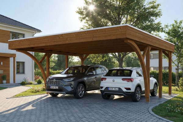 AI generated – Carport Friesland Set H, 546 x 555 cm, mit zwei Einfahrtsbögen, nussbaum