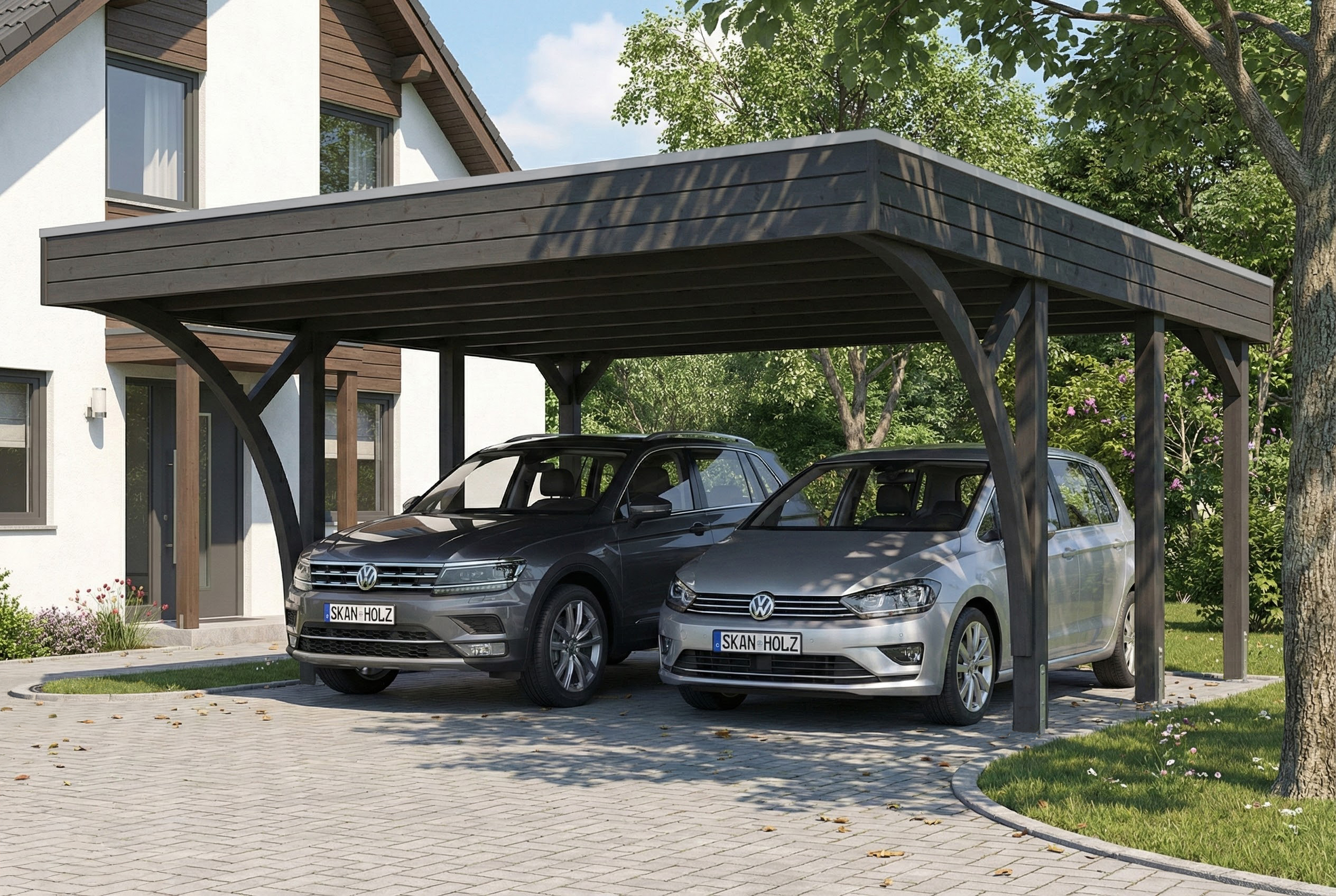AI generated – Carport Friesland Set H, 546 x 555 cm, mit zwei Einfahrtsbögen, schiefergrau