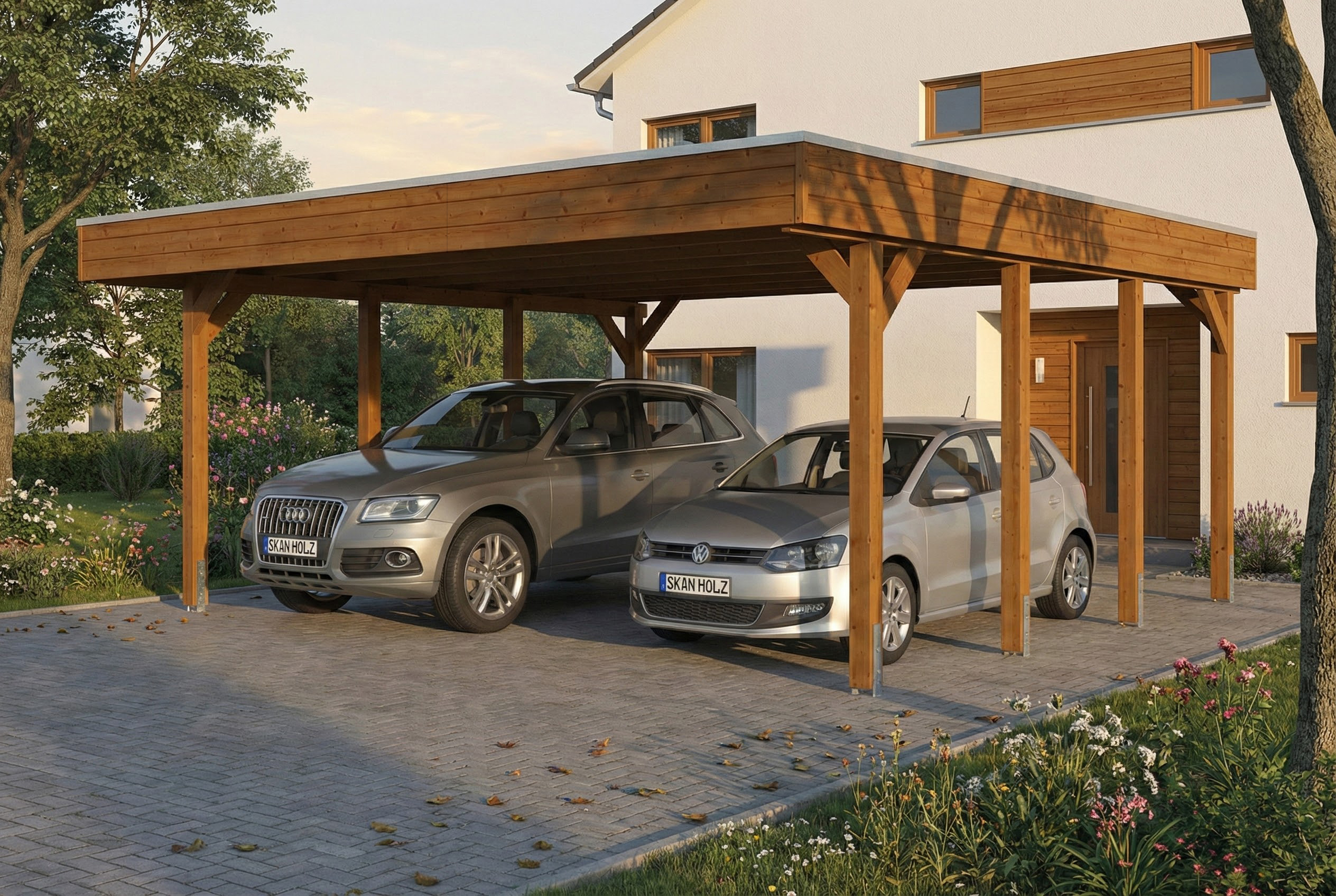AI generated – Carport Friesland 546 x 555 cm, mit Stahl-Dachplatten, nussbaum