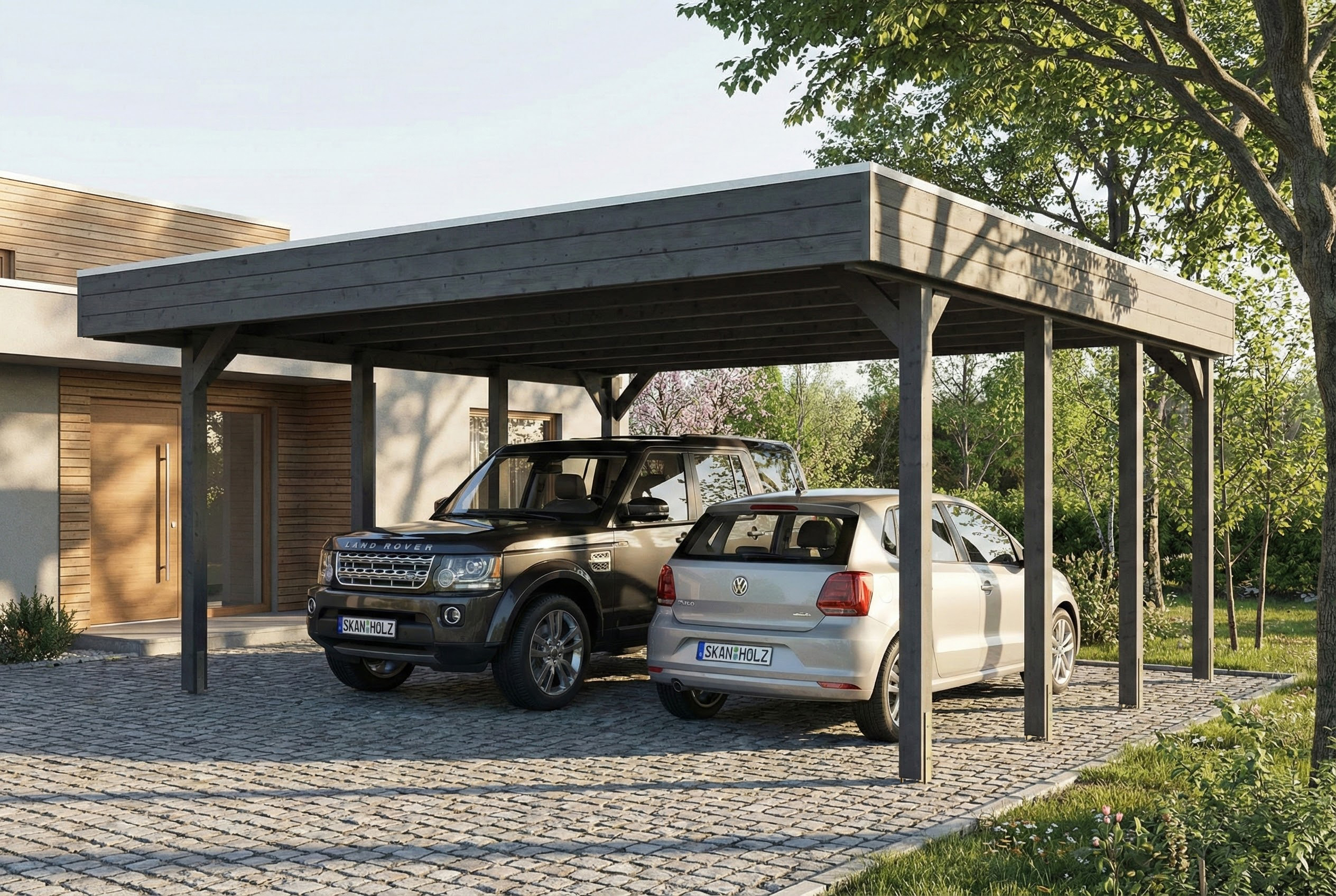 AI generated – Carport Friesland 546 x 555 cm, mit Stahl-Dachplatten, schiefergrau