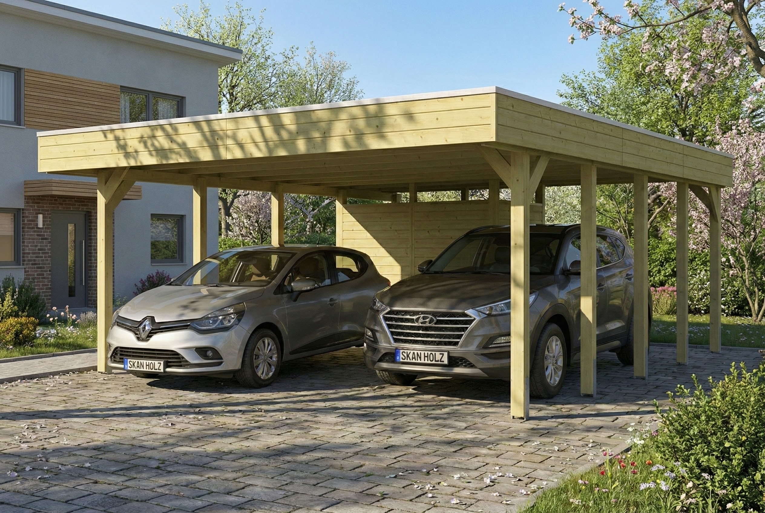 AI generated – Carport Friesland Set D, 546 x 708 cm, mit Abstellraum, grün imprägniert