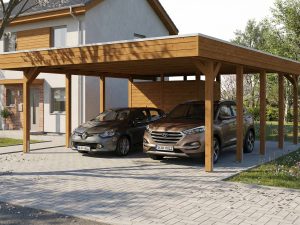 AI generated – Carport Friesland Set D, 546 x 708 cm, mit Abstellraum, nussbaum
