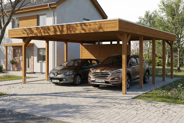 AI generated – Carport Friesland Set D, 546 x 708 cm, mit Abstellraum, nussbaum
