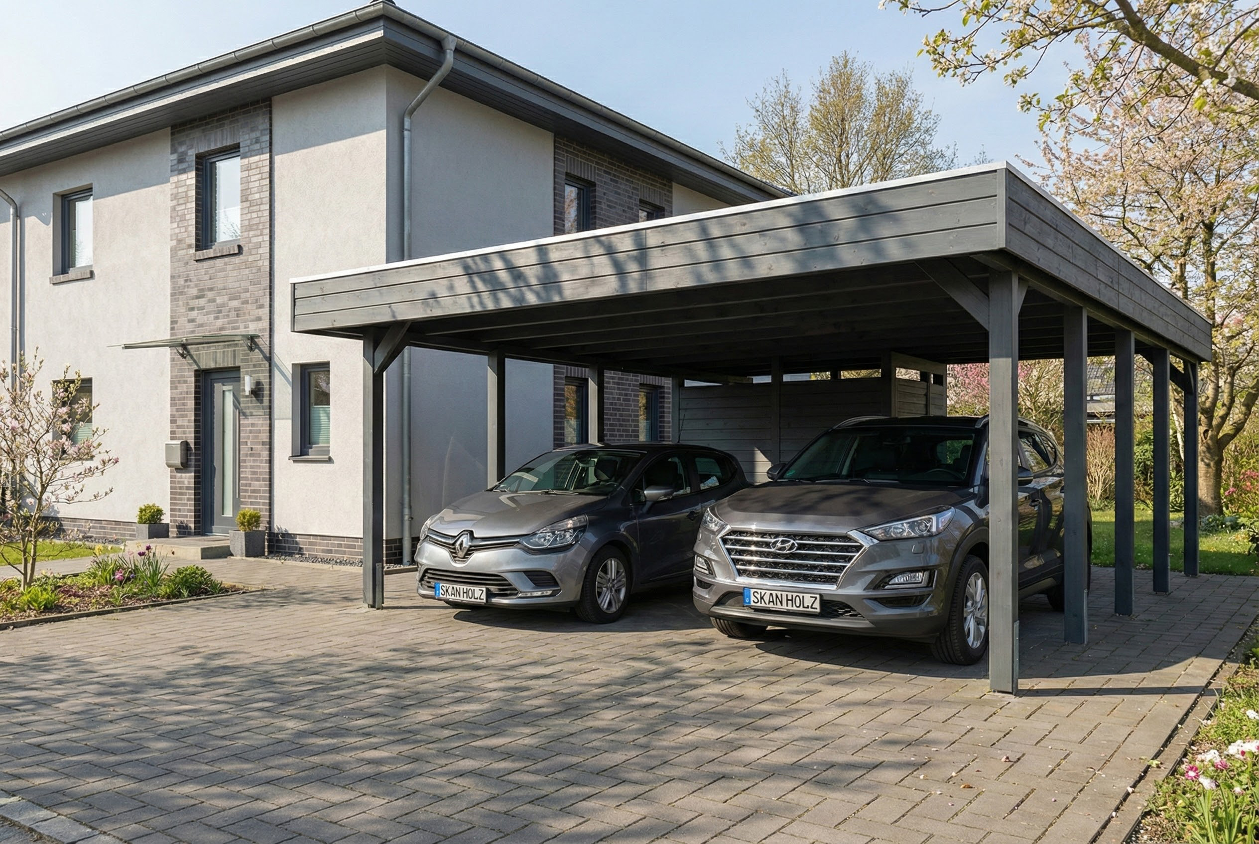 AI generated – Carport Friesland Set D, 546 x 708 cm, mit Abstellraum, schiefergrau