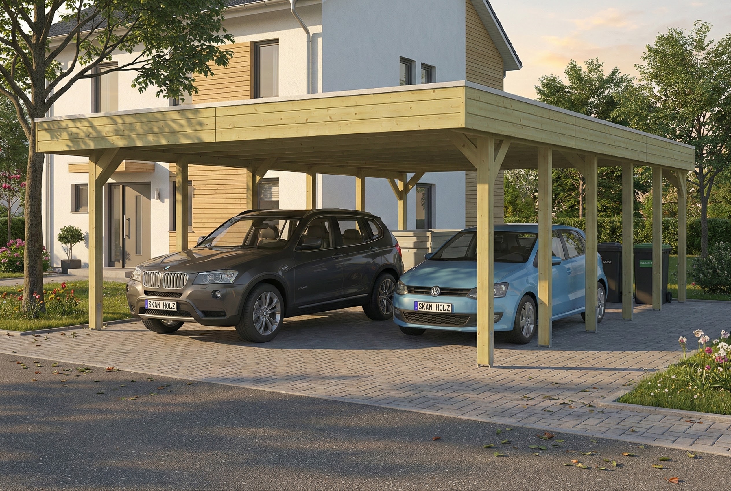 AI generated – Carport Friesland 546 x 860 cm, mit Stahl-Dachplatten, grün imprägniert