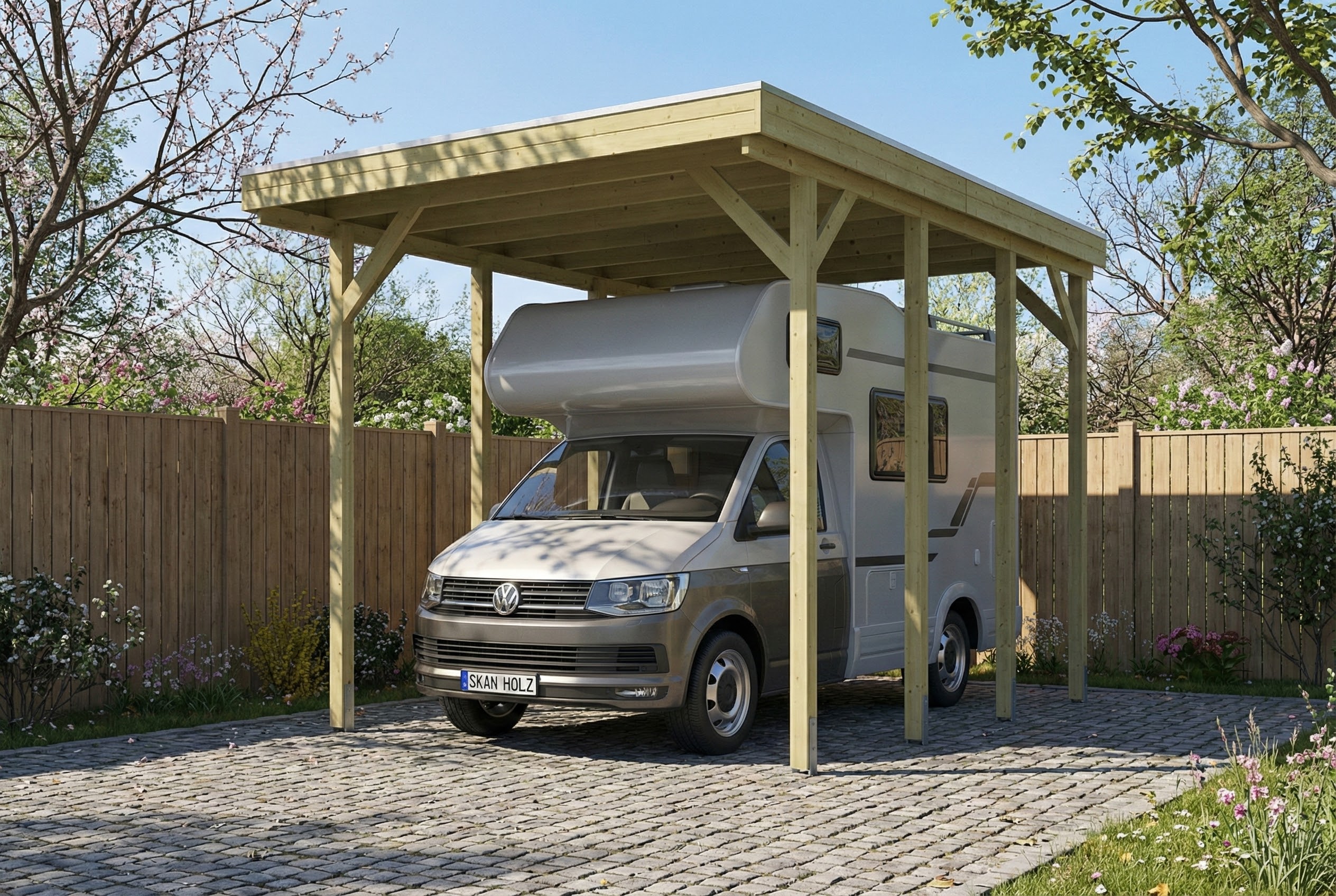 Caravan-Carport Friesland 402 x 555 cm, mit Stahl-Dachplatten, grün imprägniert AI generated – Caravan-Carport Friesland 402 x 555 cm, mit Stahl-Dachplatten, grün imprägniert