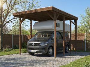 AI generated – Caravan-Carport Friesland 402 x 555 cm, mit Stahl-Dachplatten, nussbaum