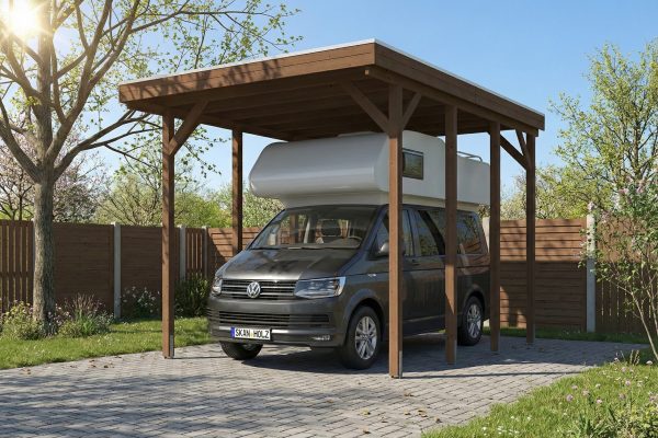 AI generated – Caravan-Carport Friesland 402 x 555 cm, mit Stahl-Dachplatten, nussbaum