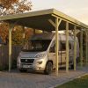 AI generated – Caravan-Carport Friesland 402 x 708 cm, mit Stahl-Dachplatten, grün imprägniert