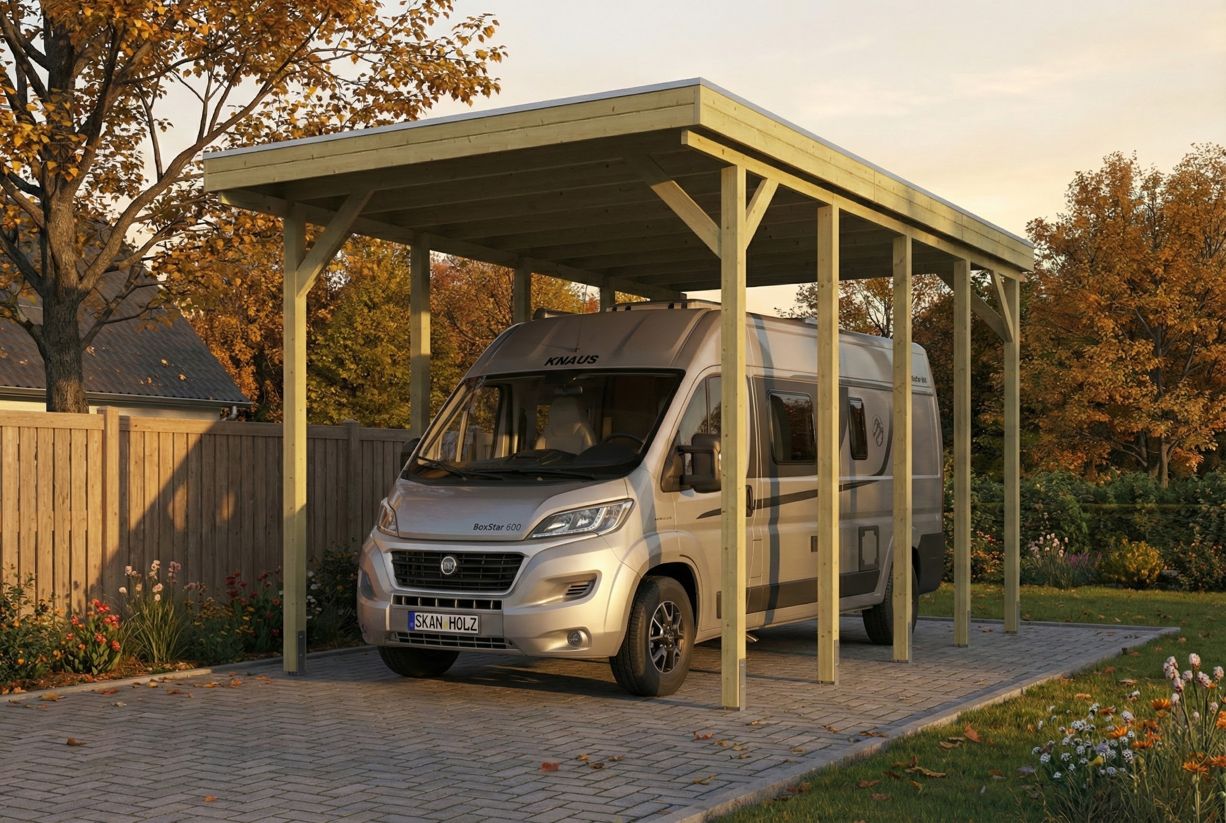 AI generated – Caravan-Carport Friesland 402 x 708 cm, mit Stahl-Dachplatten, grün imprägniert