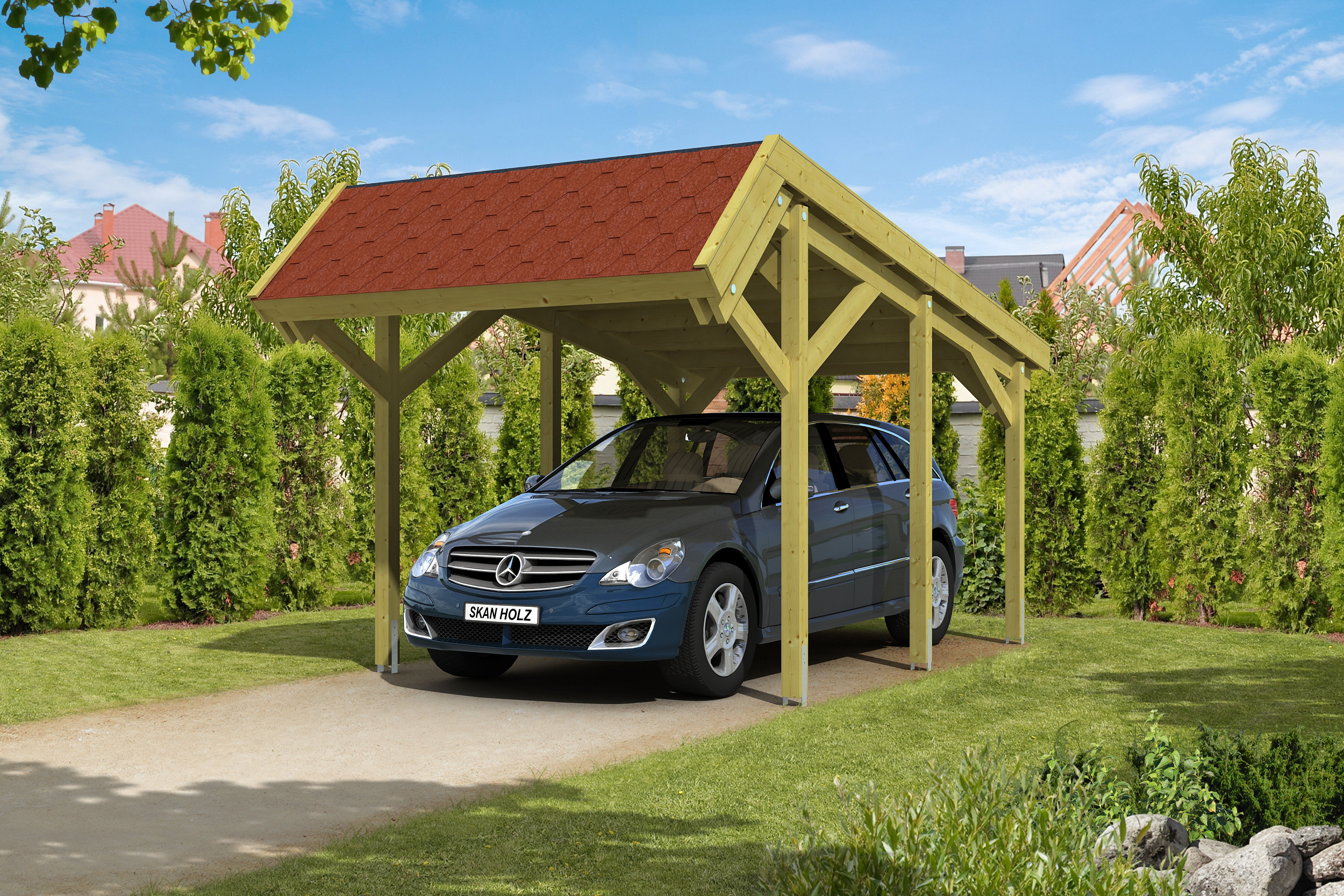 Carport Harz 321 x 560 cm mit roten Schindeln