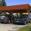 Carport Harz 624 x 560 cm mit roten Schindeln, nussbaum
