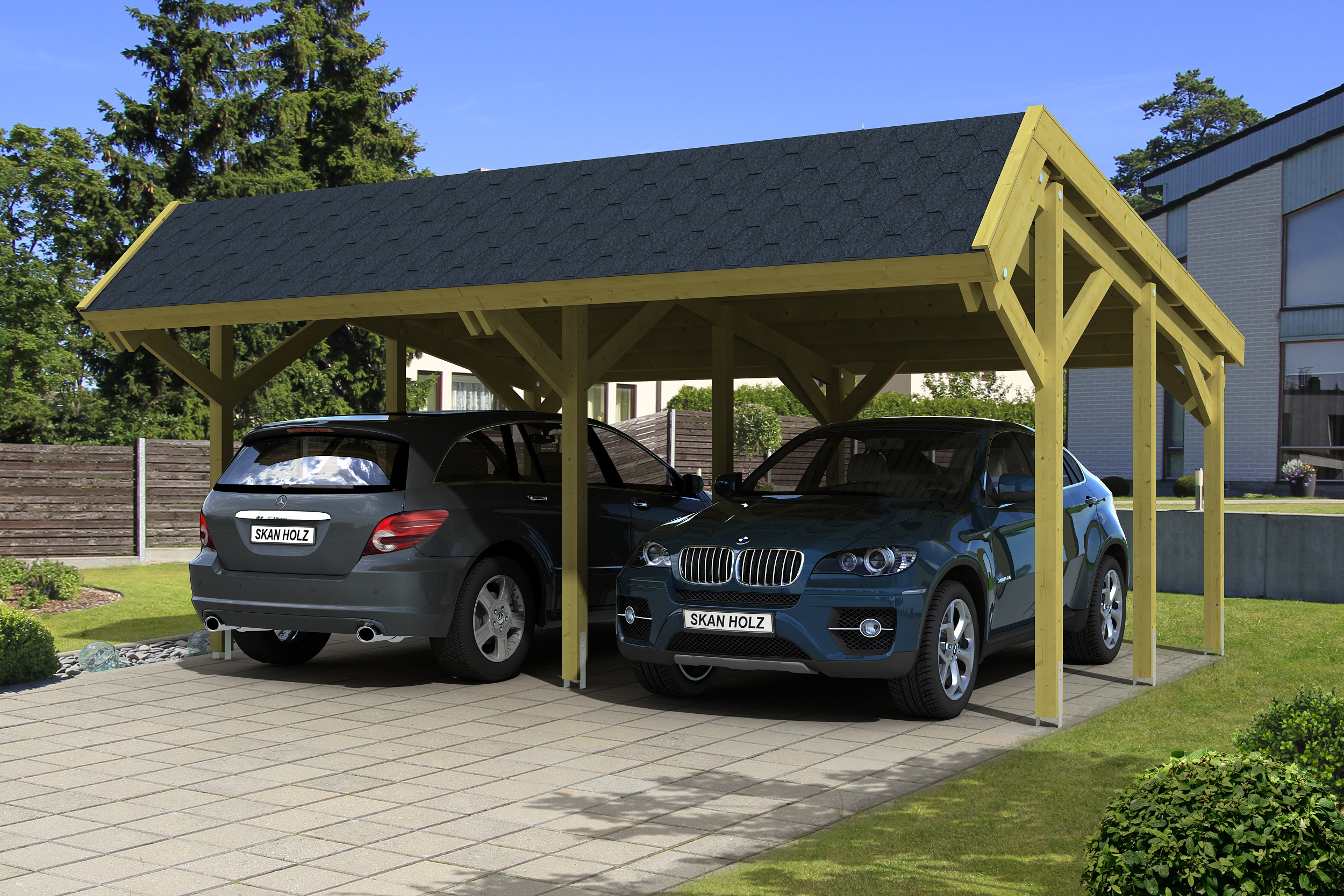 Carport Harz 624 x 560 cm mit schwarzen Schindeln