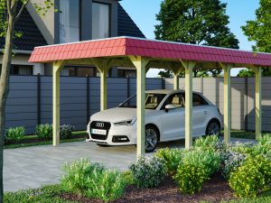 Carport Spreewald 345 x 589 cm mit Aluminiumdach, rote Blende