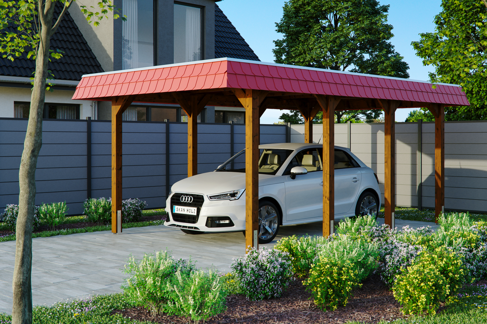 Carport Spreewald 345 x 589 cm mit EPDM-Dach, rote Blende, nussbaum