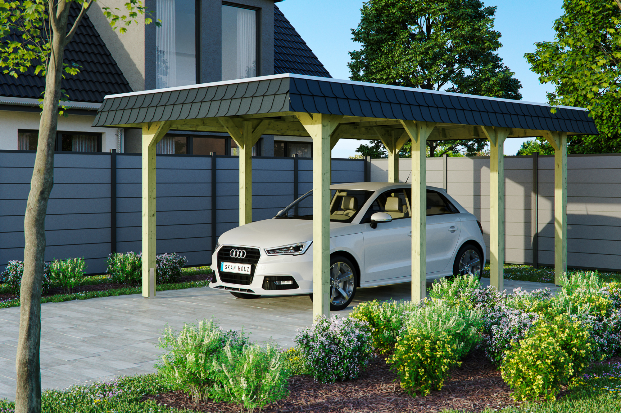 Carport Spreewald 345 x 589 cm mit Aluminiumdach, schwarze Blende