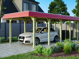 Carport Spreewald 345 x 741 cm mit Aluminiumdach, rote Blende