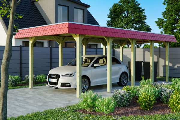 Carport Spreewald 345 x 741 cm mit Aluminiumdach, rote Blende