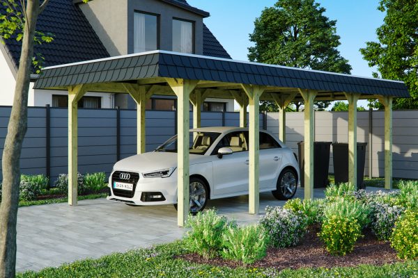 Carport Spreewald 345 x 741 cm mit Aluminiumdach, schwarze Blende
