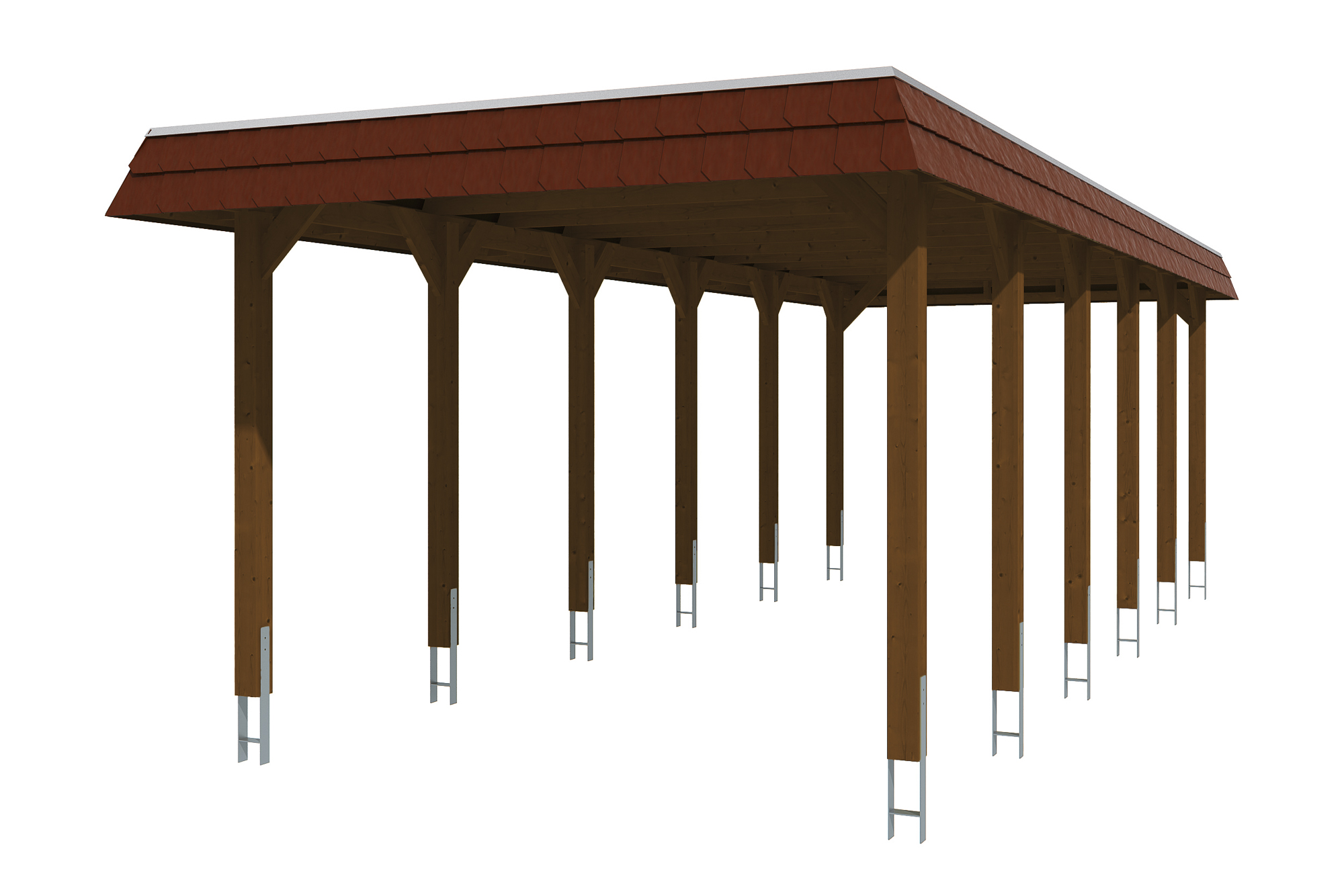 Carport Spreewald 345 x 893 cm mit Aluminiumdach, schwarze Blende, nussbaum