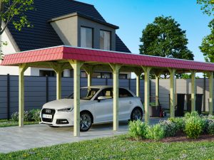 Carport Spreewald 345 x 893 cm mit Aluminiumdach, rote Blende