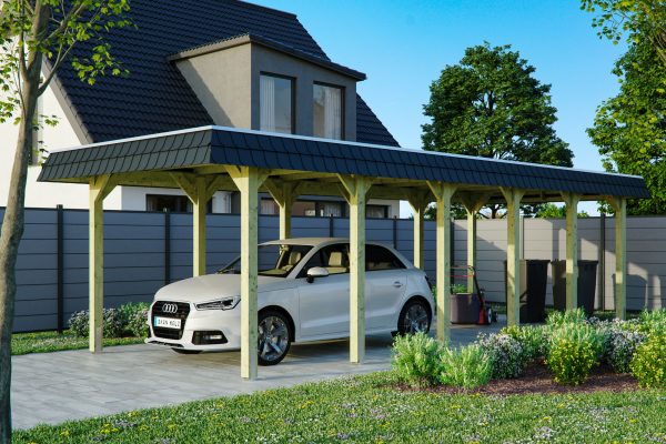 Carport Spreewald 345 x 893 cm mit Aluminiumdach, schwarze Blende