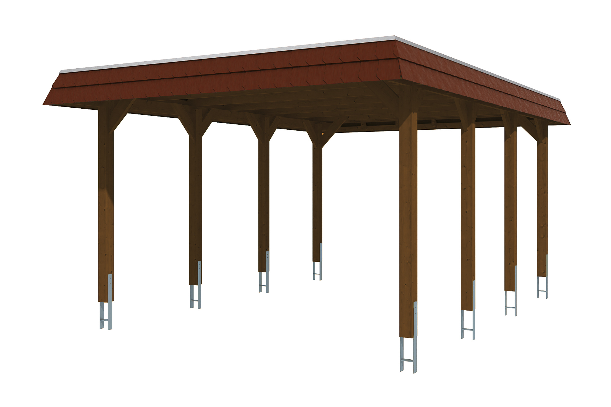 Carport Spreewald 396 x 589 cm mit Aluminiumdach, schwarze Blende, nussbaum Carport Spreewald 396 x 589 cm mit Aluminiumdach, schwarze Blende, nussbaum