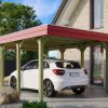 Carport Spreewald 396 x 589 cm mit Aluminiumdach, rote Blende Carport Spreewald 396 x 589 cm mit Aluminiumdach, rote Blende