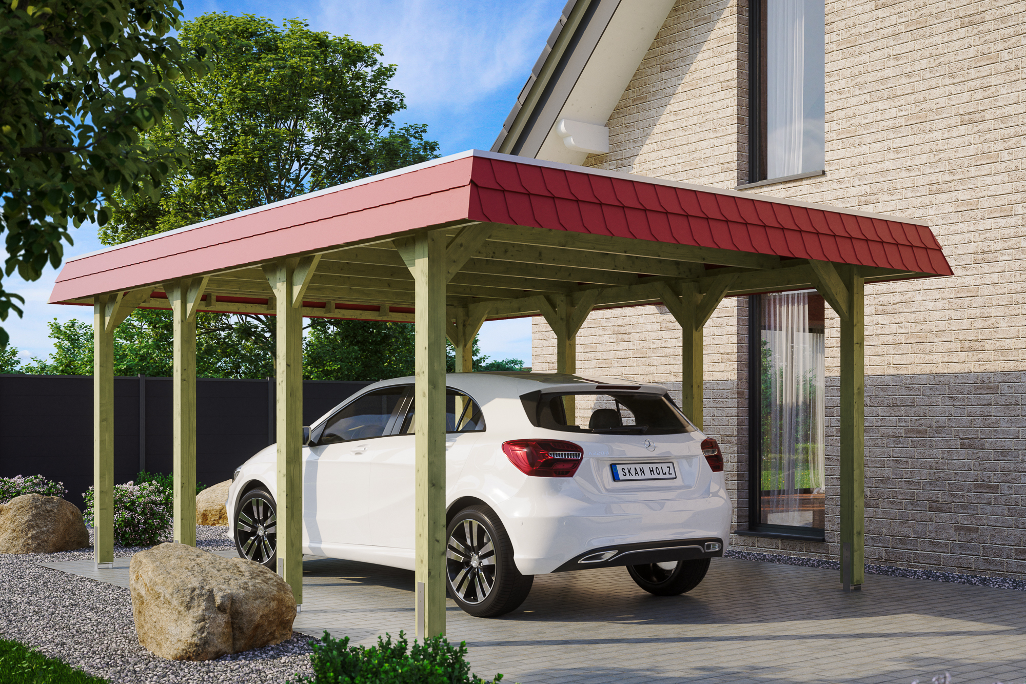 Carport Spreewald 396 x 589 cm mit Aluminiumdach, rote Blende Carport Spreewald 396 x 589 cm mit Aluminiumdach, rote Blende