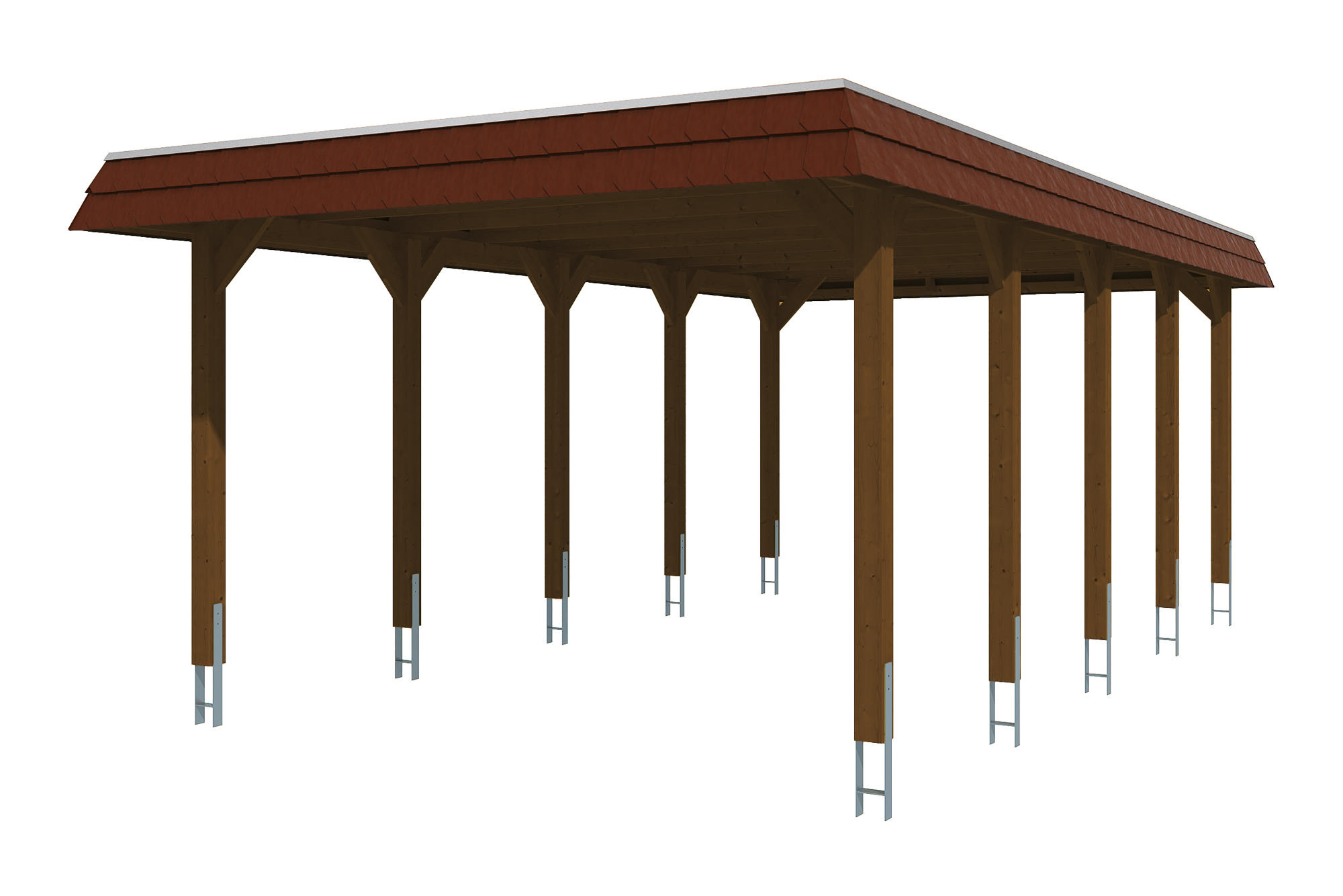 Carport Spreewald 396 x 741 cm mit Aluminiumdach, schwarze Blende, nussbaum
